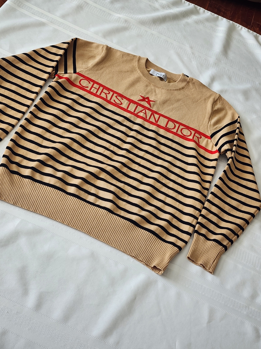 FO / Beige Striped Crewneck Sweater with Red Logo